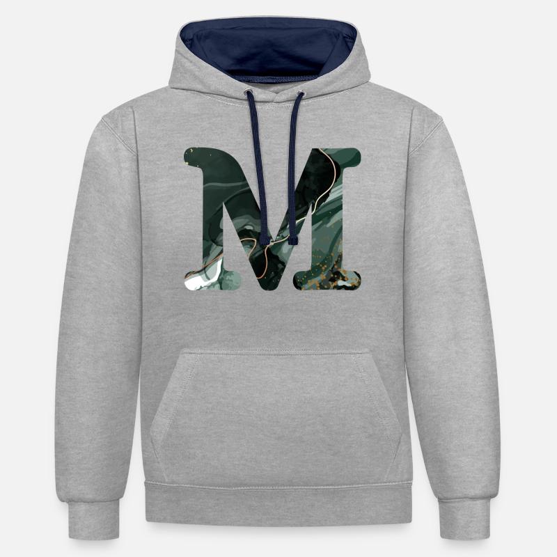 Lettre m marbré vert - Sweat à capuche contrasté - gris chiné/bleu marine