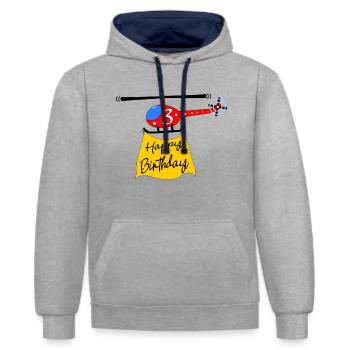 Hélicoptère Joyeux anniversaire 3 - Sweat à capuche contrasté - gris chiné/bleu marine - Devant - Liana (172cm) & Jaron (178cm)