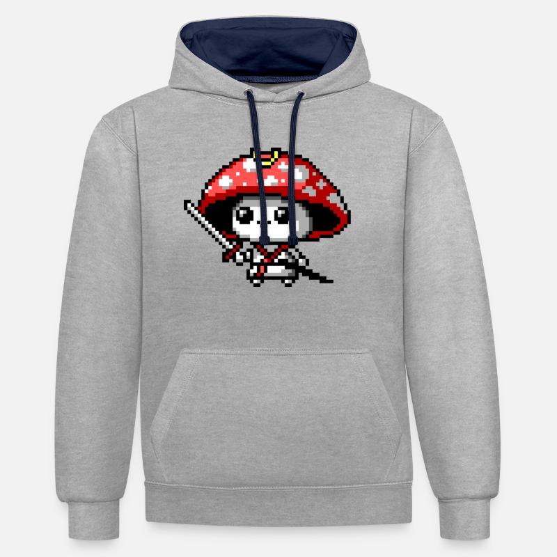 Samouraï champignon 8 bits - Sweat à capuche contrasté - gris chiné/bleu marine