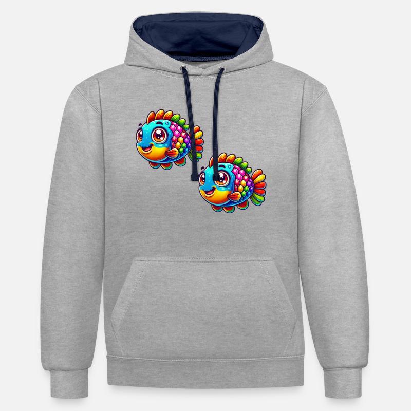 Bande dessinée de poisson - Sweat à capuche contrasté - gris chiné/bleu marine