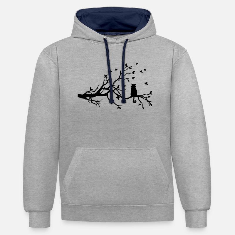 Miou sur sa branche - Sweat à capuche contrasté - gris chiné/bleu marine