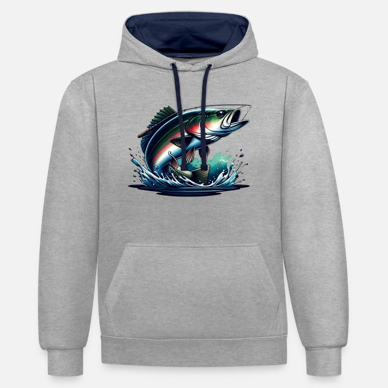 pêche - poisson - Sweat à capuche contrasté - gris chiné/bleu marine