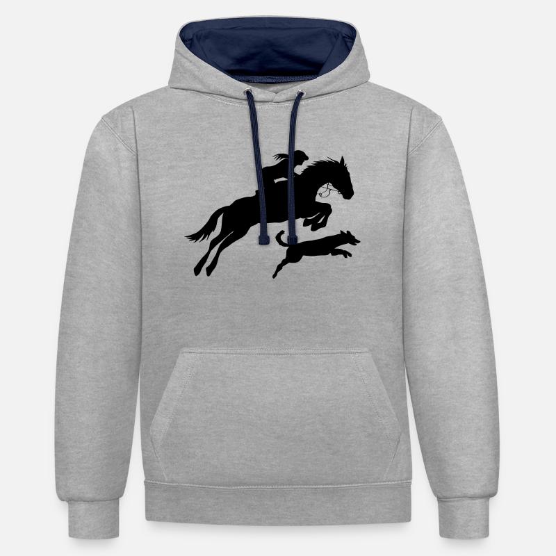 Cheval avec cavalière et chien - Sweat à capuche contrasté - gris chiné/bleu marine