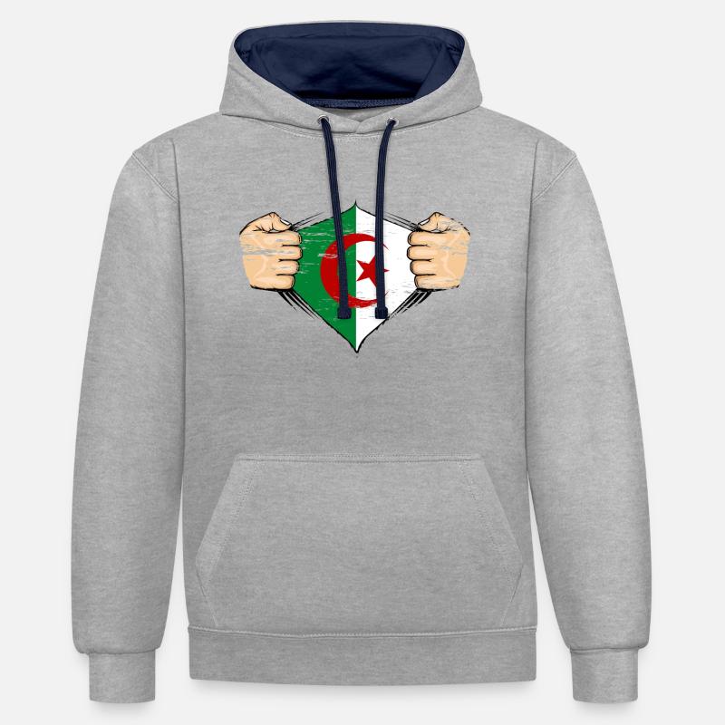 Drapeau de l’Algérie utilisé - Sweat à capuche contrasté - gris chiné/bleu marine