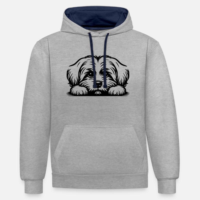 Tête de maltais avec pattes - Sweat à capuche contrasté - gris chiné/bleu marine
