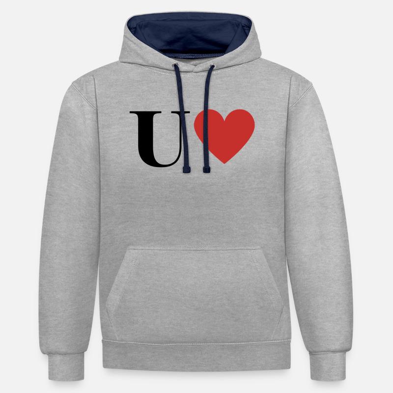 Lettre u cœur rouge - Sweat à capuche contrasté - gris chiné/bleu marine