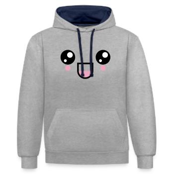 Kawaii visage de rire visage émoticône émoticône visage - Sweat à capuche contrasté - gris chiné/bleu marine - Devant - Liana (172cm) & Jaron (178cm)