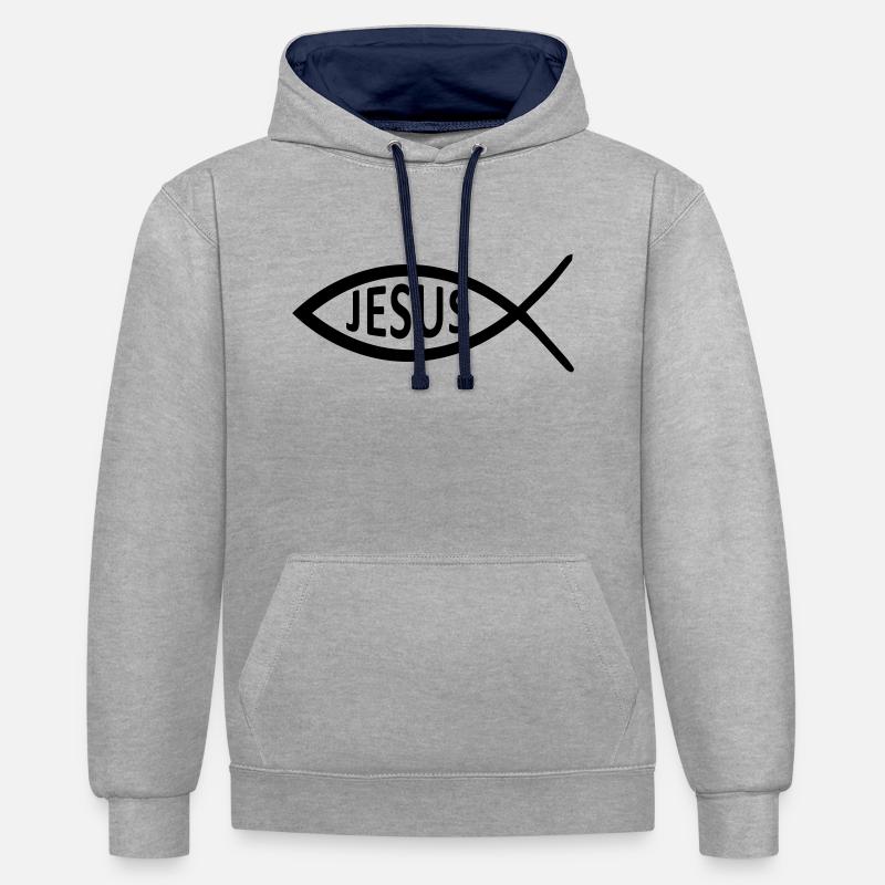 Symbole du poisson de Jésus - Sweat à capuche contrasté - gris chiné/bleu marine