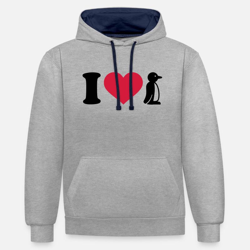 I love Manchot - Sweat à capuche contrasté - gris chiné/bleu marine