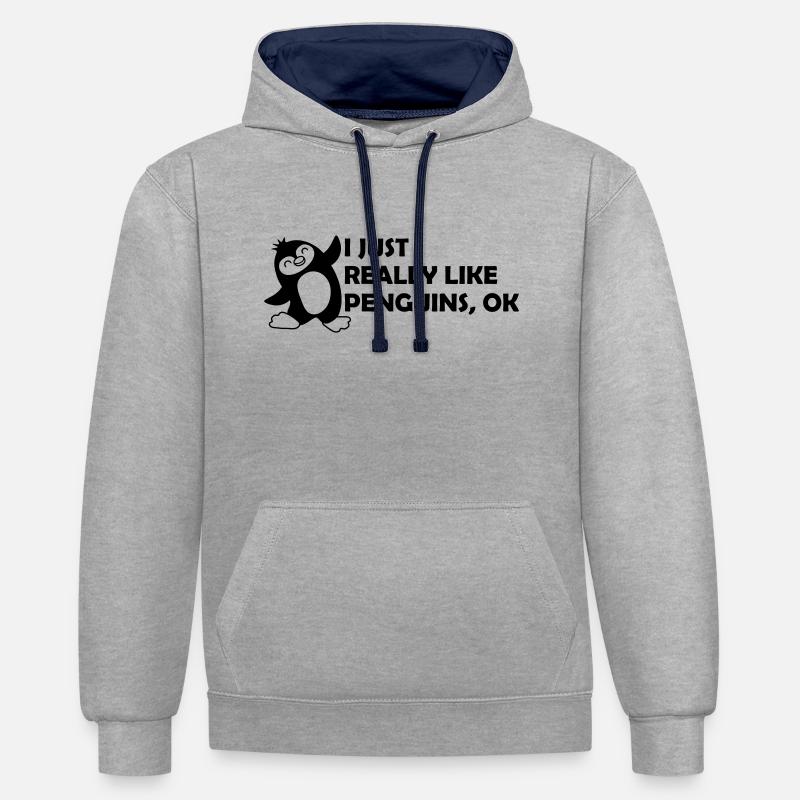 J’aime juste les pingouins - Sweat à capuche contrasté - gris chiné/bleu marine