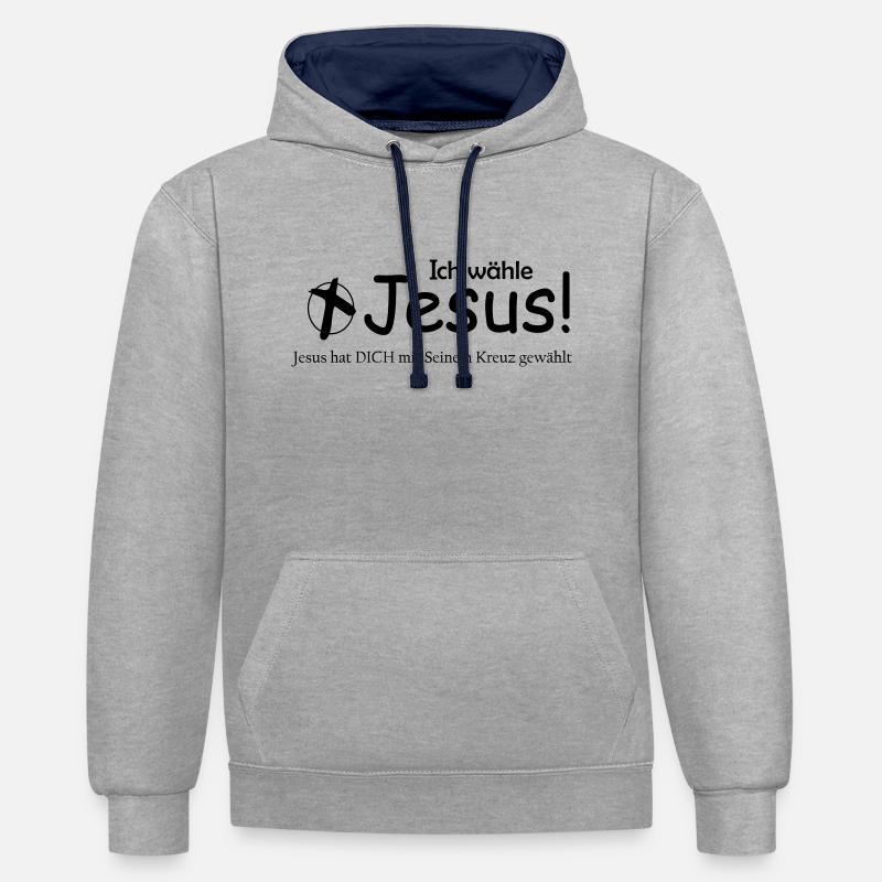 Je choisis Jésus 001 - Sweat à capuche contrasté - gris chiné/bleu marine