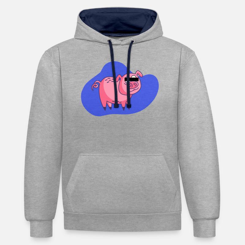 Cochon de dessin animé - Sweat à capuche contrasté - gris chiné/bleu marine