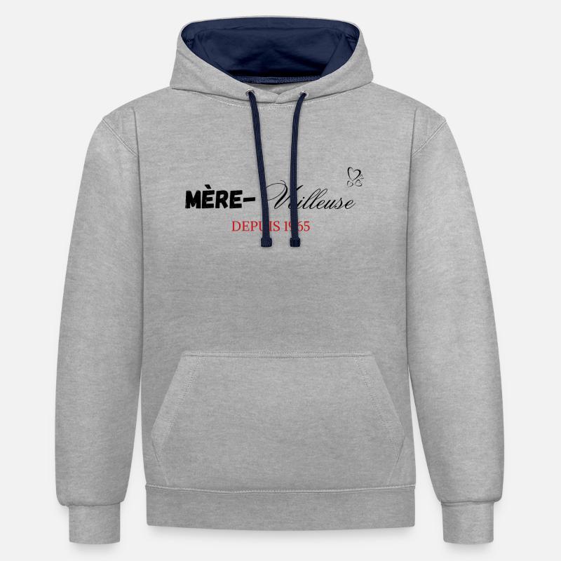 Mère veilleuse depuis 1965 - Sweat à capuche contrasté - gris chiné/bleu marine