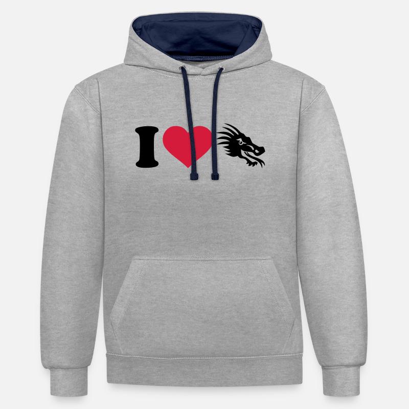 I love dragons - Sweat à capuche contrasté - gris chiné/bleu marine