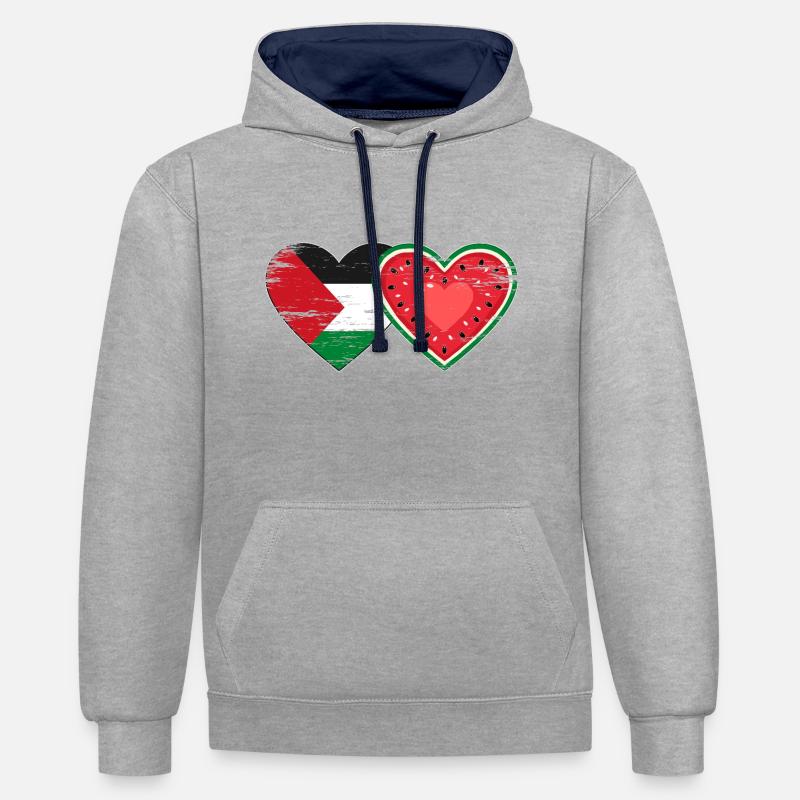 Palestine pastèque drapeau coeur utilisé - Sweat à capuche contrasté - gris chiné/bleu marine