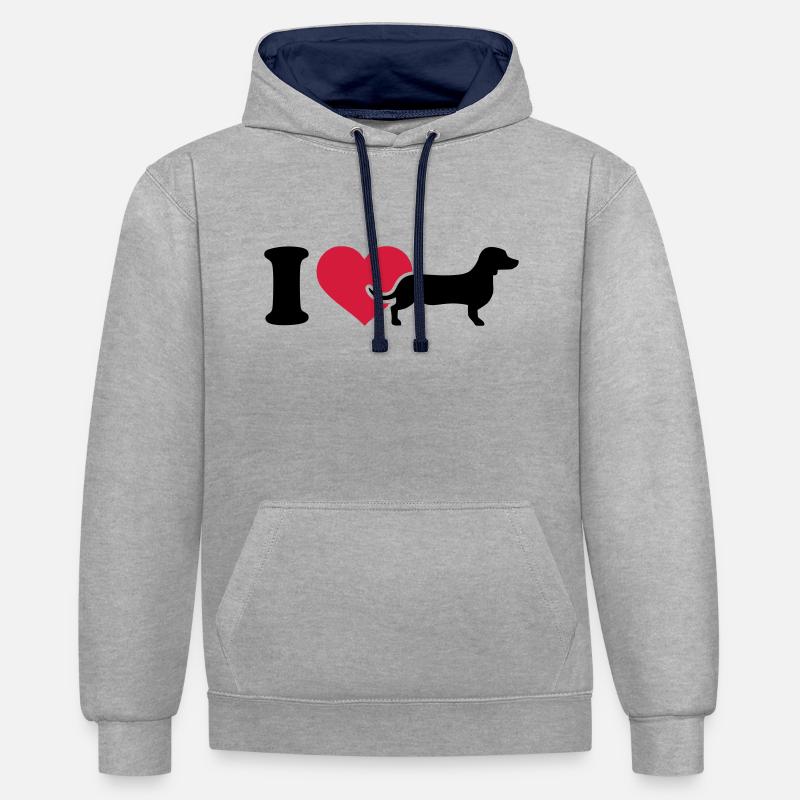 I love Teckel - Sweat à capuche contrasté - gris chiné/bleu marine