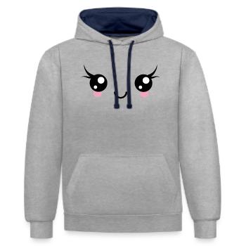 Happy Kawaii yeux visage émoticône émoticône Smi - Sweat à capuche contrasté - gris chiné/bleu marine - Devant - Liana (172cm) & Jaron (178cm)