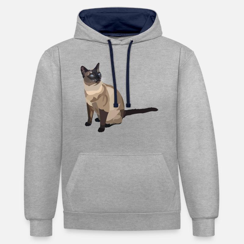 chat siamois - Sweat à capuche contrasté - gris chiné/bleu marine