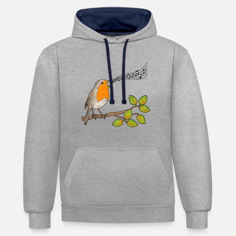 Robin chantant, notes de musique - Sweat à capuche contrasté - gris chiné/bleu marine