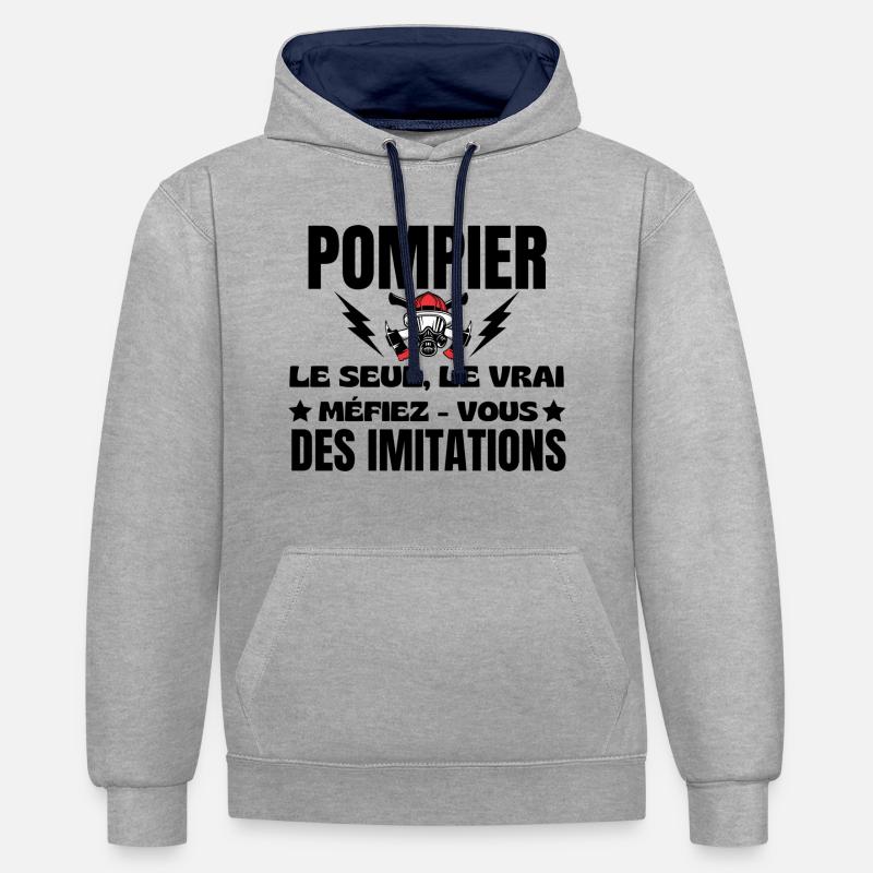 POMPIER LE SEUL LE VRAI - Sweat à capuche contrasté - gris chiné/bleu marine