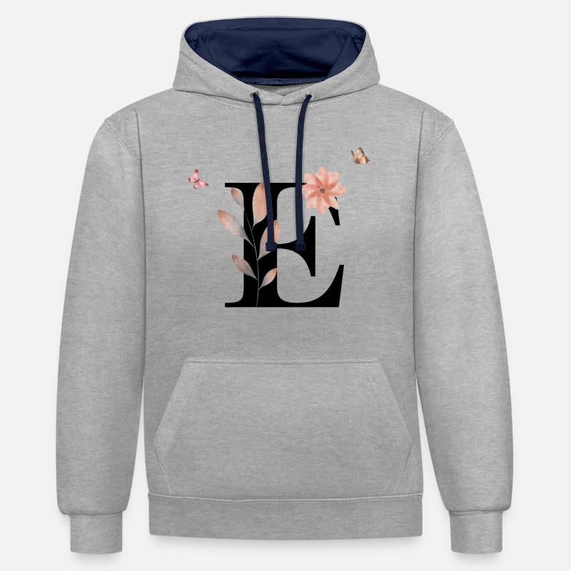 Lettre e fleurs sauvages aquarelles - Sweat à capuche contrasté - gris chiné/bleu marine