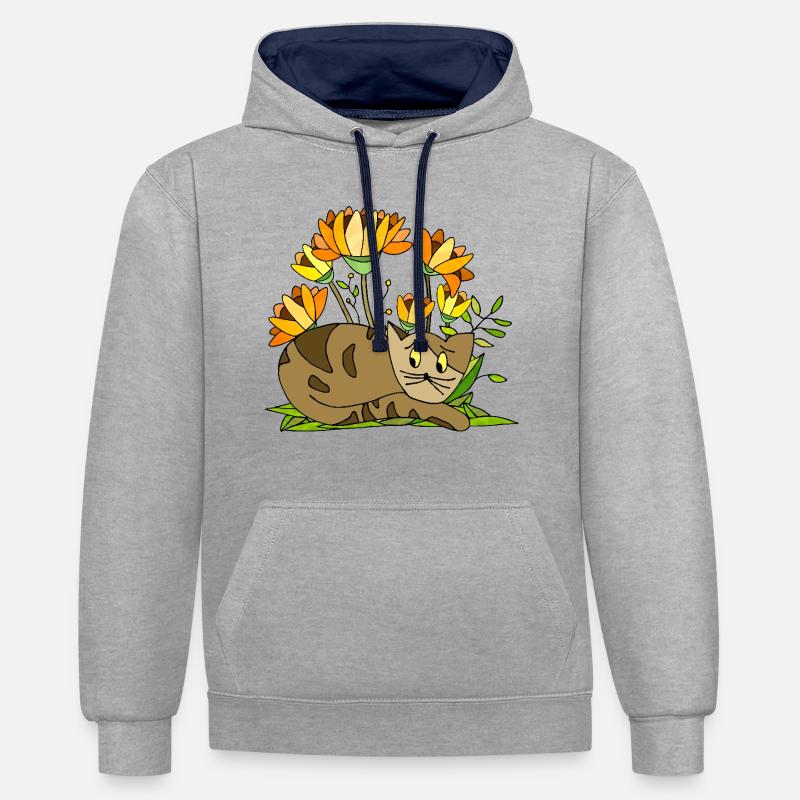 Chat - Sweat à capuche contrasté - gris chiné/bleu marine