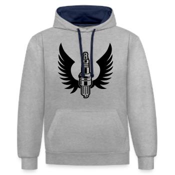 Bougie d'allumage avec moteur d'ailes mécanicien de sport automobile - Sweat à capuche contrasté - gris chiné/bleu marine - Devant - Liana (172cm) & Jaron (178cm)