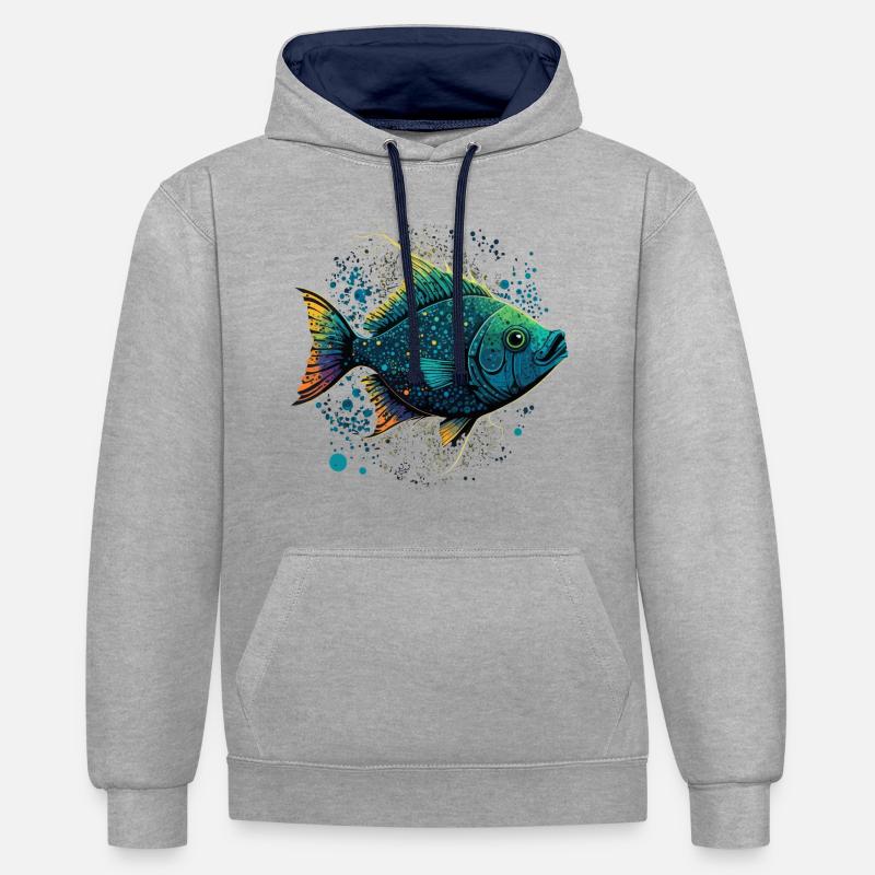 Poisson à la bouche ouverte - Sweat à capuche contrasté - gris chiné/bleu marine
