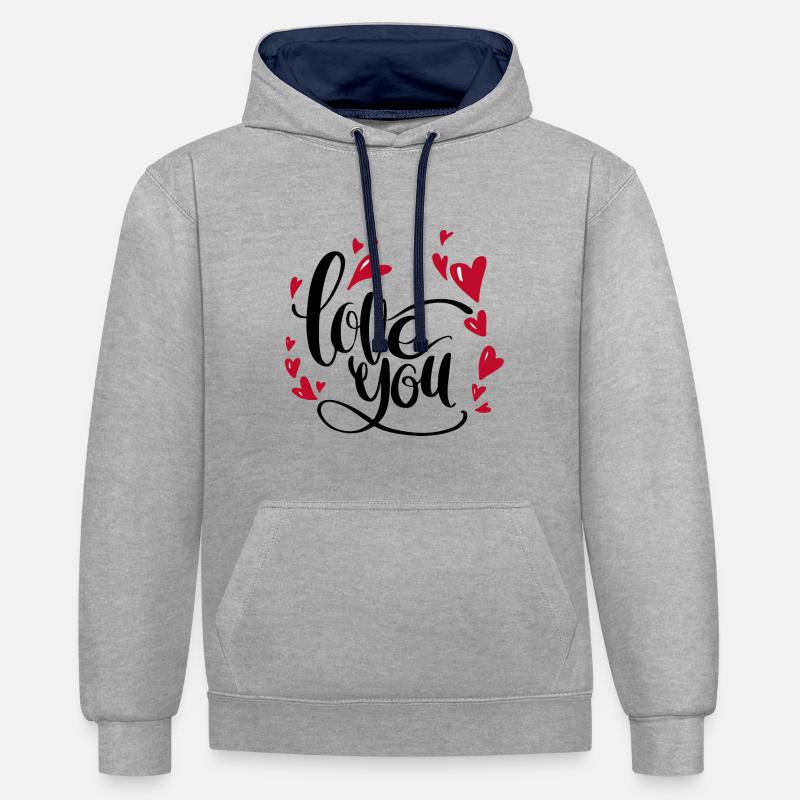 je t'aime | coeurs | pour les couples - Sweat à capuche contrasté - gris chiné/bleu marine