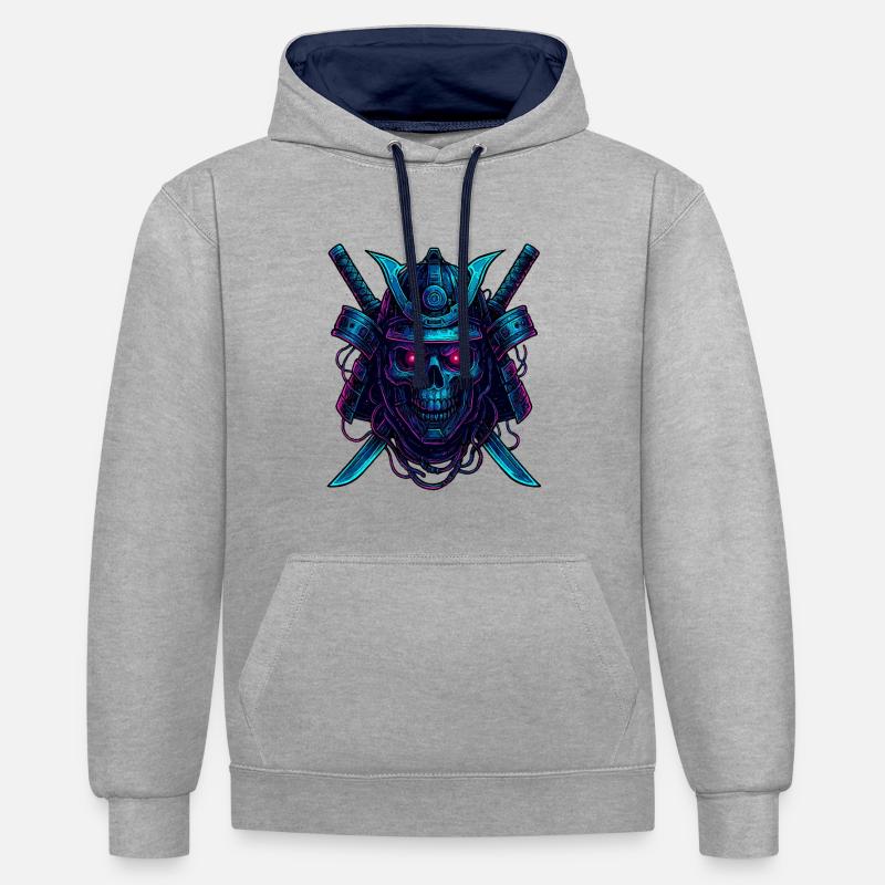 Cyber Samurai Crâne Neon Design - Sweat à capuche contrasté - gris chiné/bleu marine