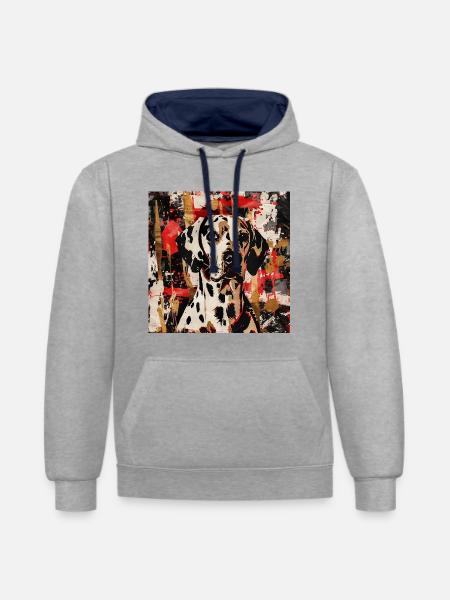 Dalmatiner im abstrakten Farbspiel - Kontrast-Hoodie - Grau meliert/Navy