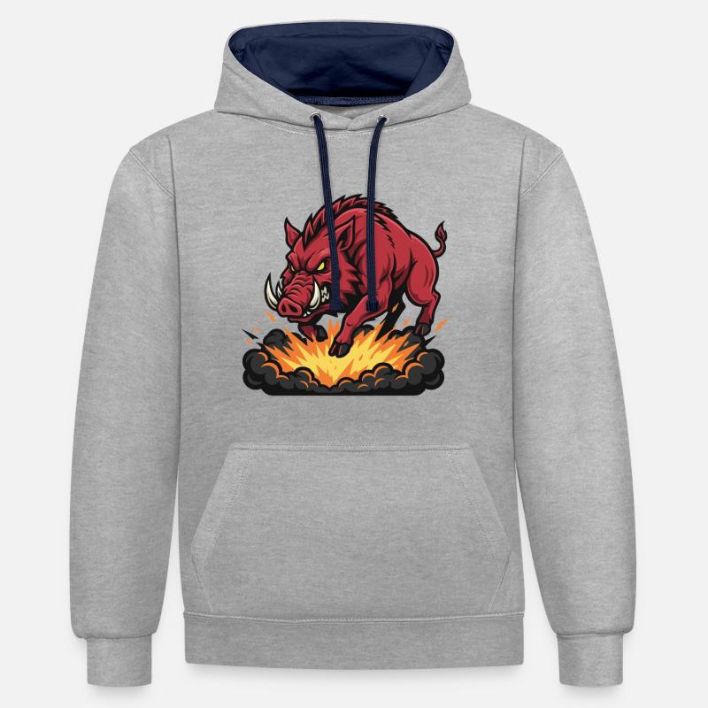 Sanglier Rouge Feu Explosion Mascotte Boar - Sweat à capuche contrasté - gris chiné/bleu marine