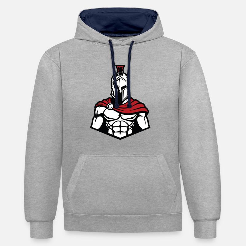 Spartiate Musclé Frontal Logo Mascotte Gym - Sweat à capuche contrasté - gris chiné/bleu marine