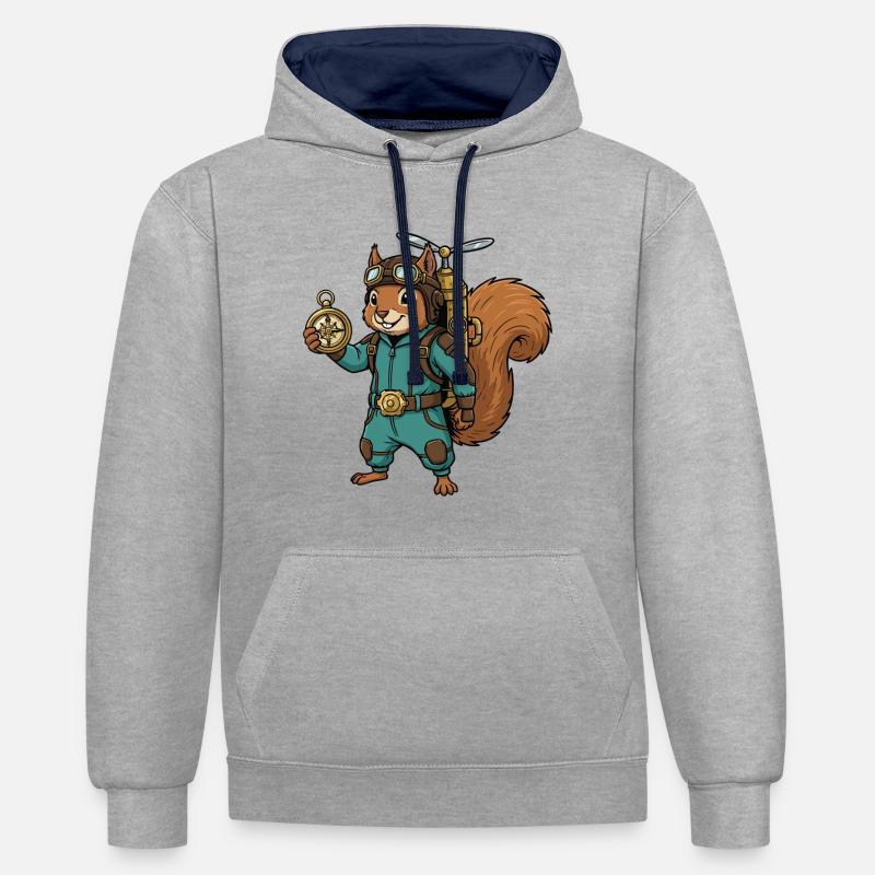 Écureuil Steampunk Aviateur Jetpack Boussole - Sweat à capuche contrasté - gris chiné/bleu marine