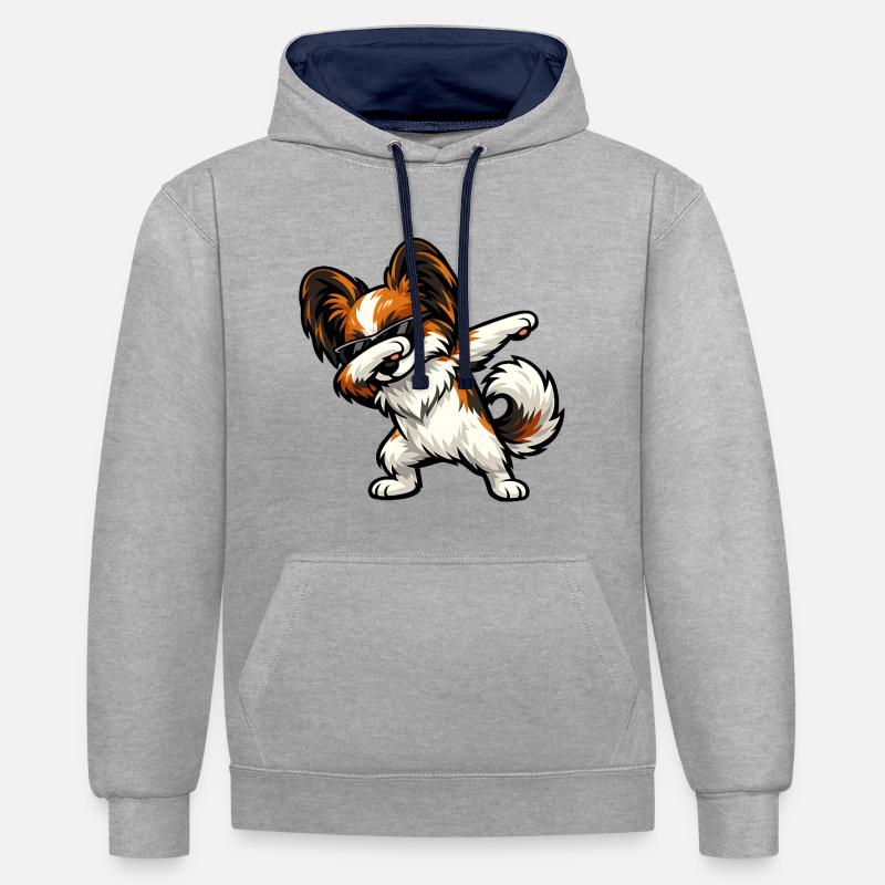 Chien Papillon - Sweat à capuche contrasté - gris chiné/bleu marine