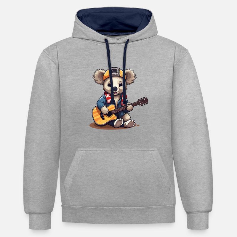 Guitariste rock koala en look aventure - Sweat à capuche contrasté - gris chiné/bleu marine