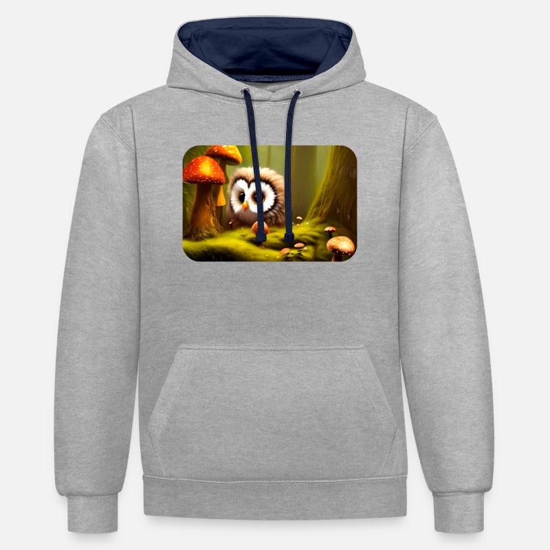 Wald mit Eule - Kontrast-Hoodie - Grau meliert/Navy