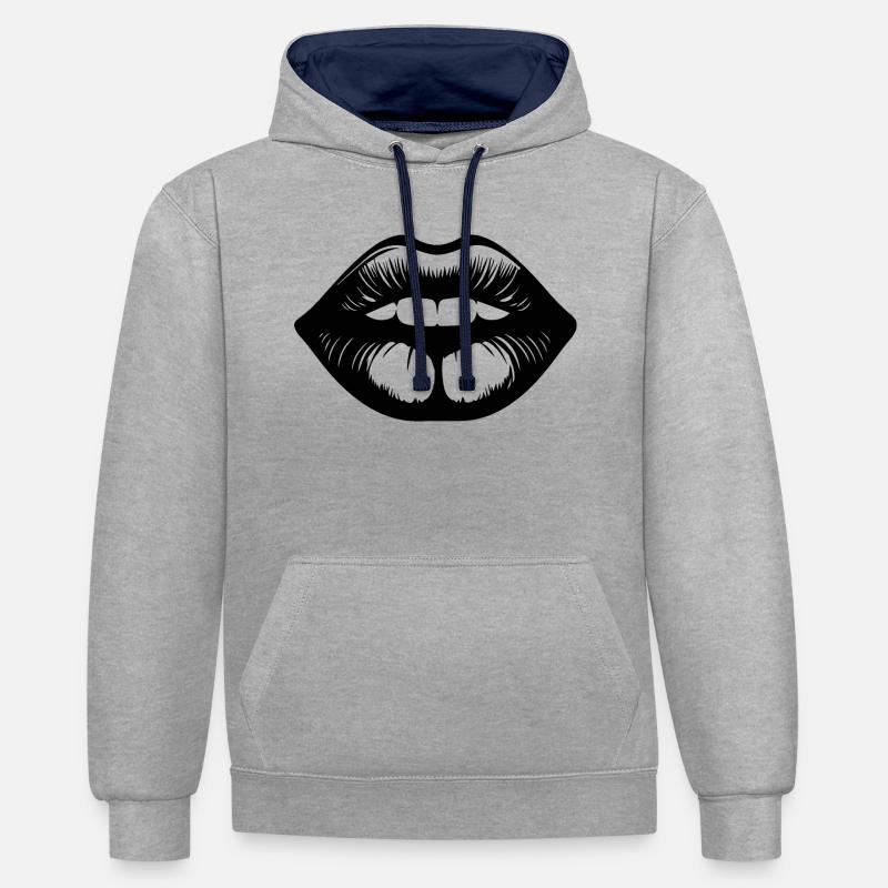 Lèvres, bouche, baisers lèvres - Sweat à capuche contrasté - gris chiné/bleu marine