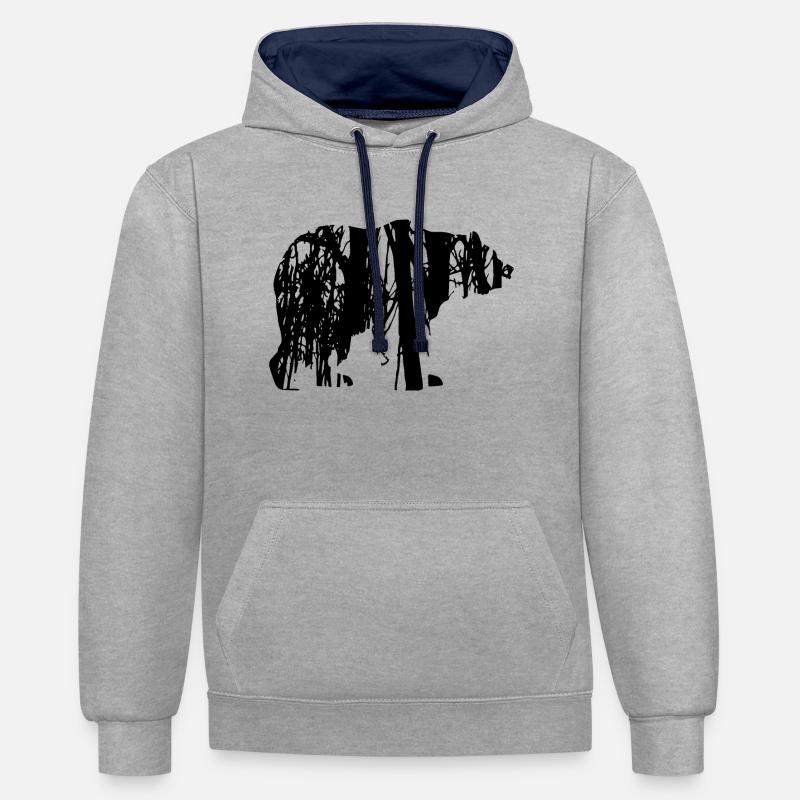 Ours dans la forêt - Sweat à capuche contrasté - gris chiné/bleu marine
