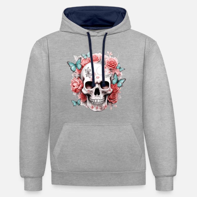 Crâne, Crâne, Roses, Fleurs, Papillons - Sweat à capuche contrasté - gris chiné/bleu marine