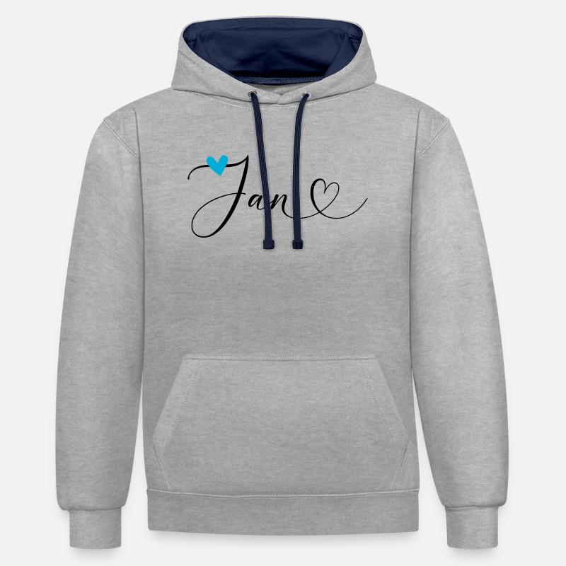Jan Nom Prénom Calligraphie coeur - Sweat à capuche contrasté - gris chiné/bleu marine