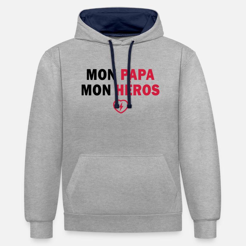 Mon papa mon héros - Sweat à capuche contrasté - gris chiné/bleu marine