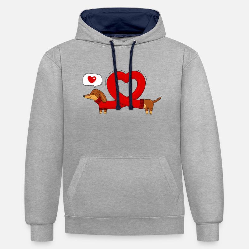 Teckel et cœur - Sweat à capuche contrasté - gris chiné/bleu marine