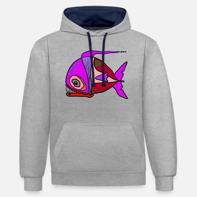 Bunter Surrealfisch Patchwork - Kontrast-Hoodie - Grau meliert/Navy