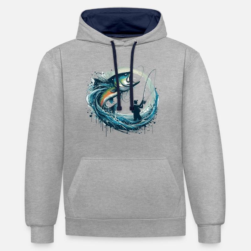Cadeau dynamique de pêche - Sweat à capuche contrasté - gris chiné/bleu marine