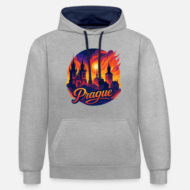 Prague Capitale République tchèque Silhouette Cadeau - Sweat à capuche contrasté - gris chiné/bleu marine