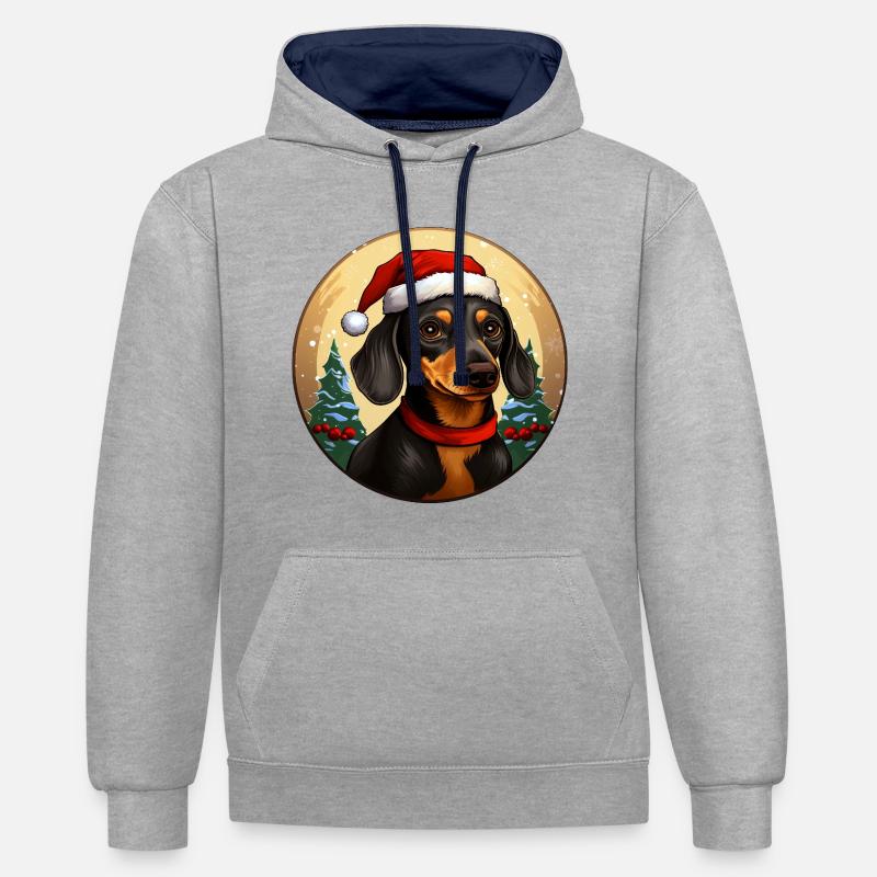 Noël teckel - Sweat à capuche contrasté - gris chiné/bleu marine