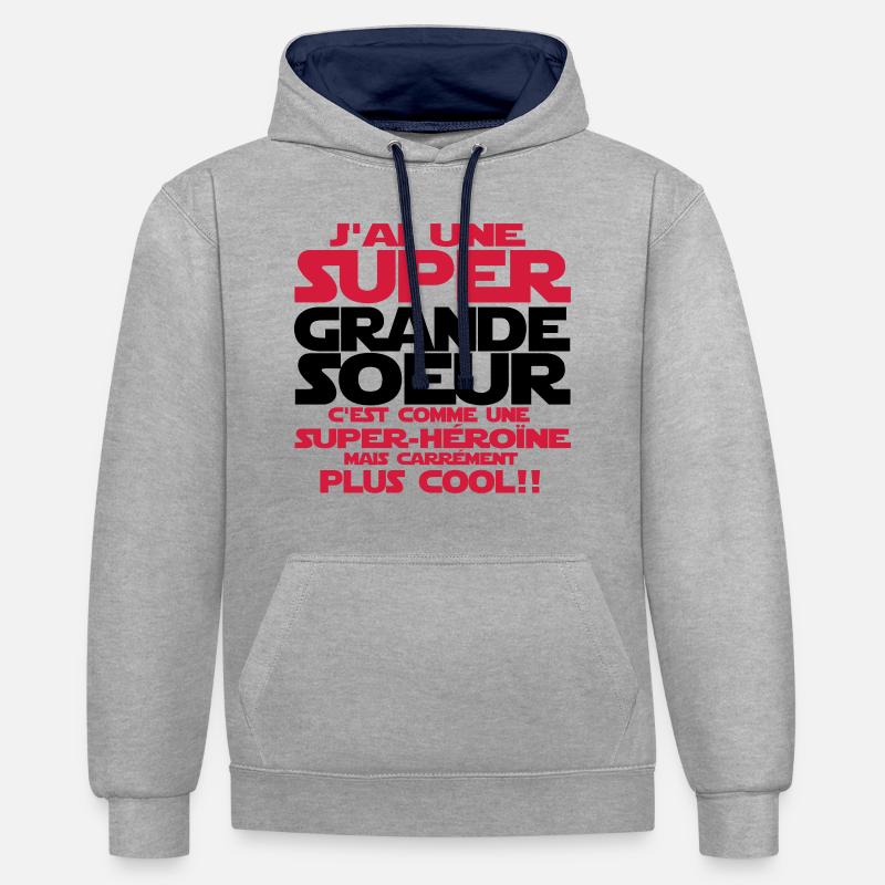j'ai une super grande sœur - Sweat à capuche contrasté - gris chiné/bleu marine