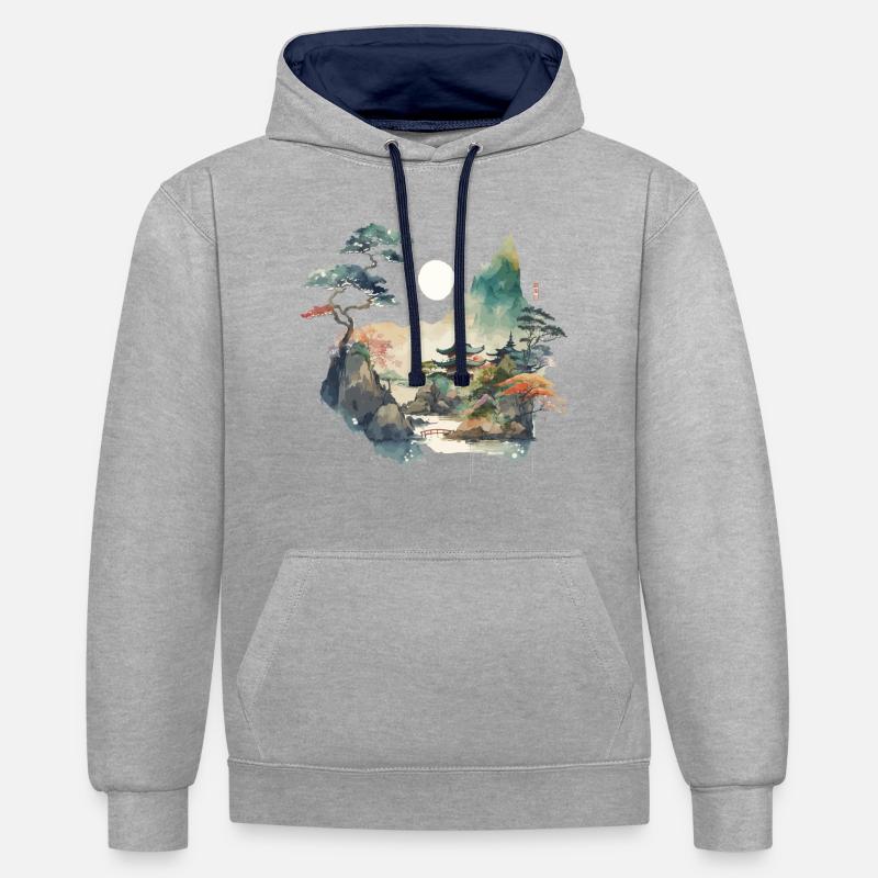 Paysage du temple - Sweat à capuche contrasté - gris chiné/bleu marine