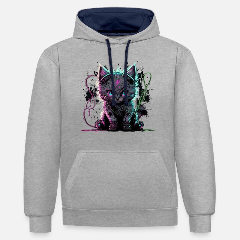 Hyper Cat - Sweat à capuche contrasté - gris chiné/bleu marine